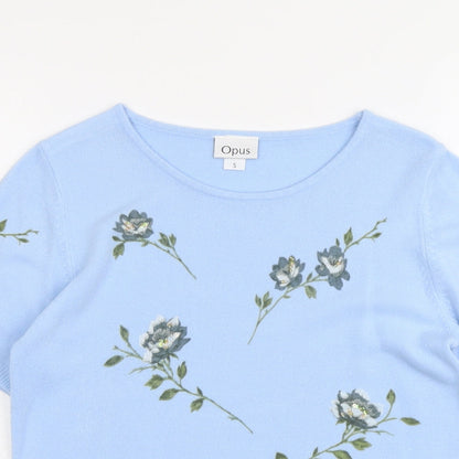 Opues Womens Blue Round Neck Floral Acrylic Pullover Jumper Size S