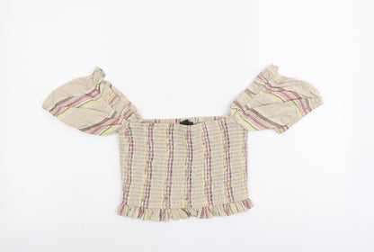 Missguided Womens Beige Striped Cotton Cropped Blouse Size 6 Square Neck