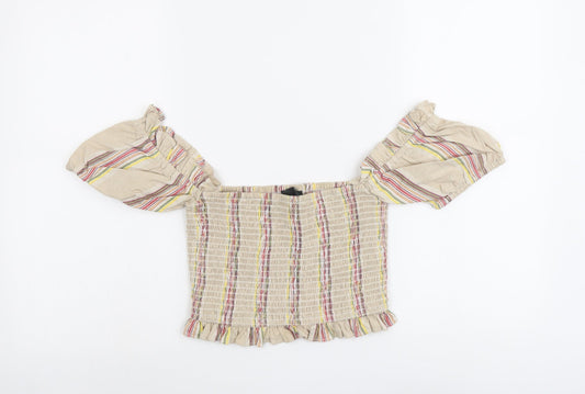 Missguided Womens Beige Striped Cotton Cropped Blouse Size 6 Square Neck