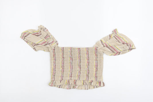 Missguided Womens Beige Striped Cotton Cropped Blouse Size 6 Square Neck