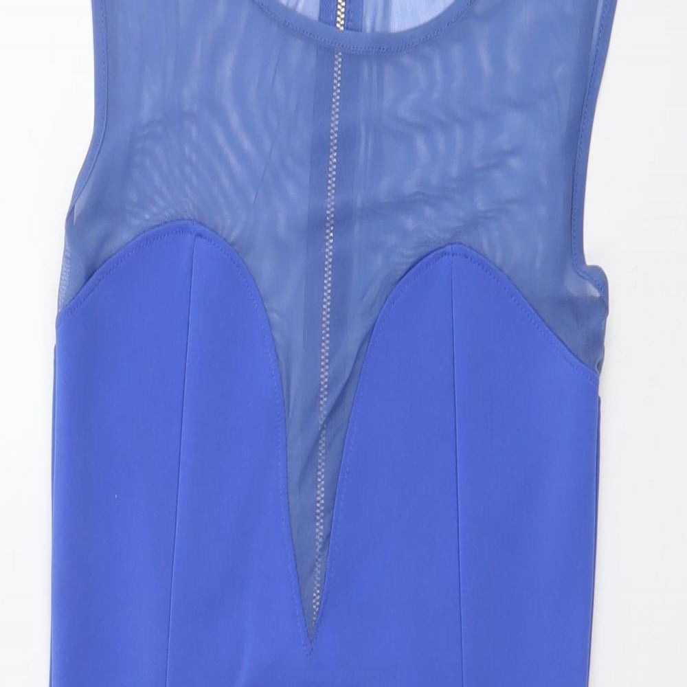 Topshop Womens Blue Polyester Mini Size 10 Boat Neck Zip - Mesh Panel