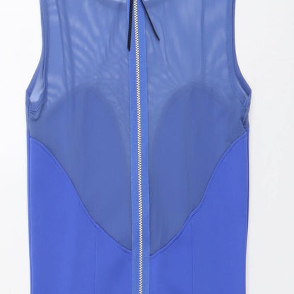 Topshop Womens Blue Polyester Mini Size 10 Boat Neck Zip - Mesh Panel