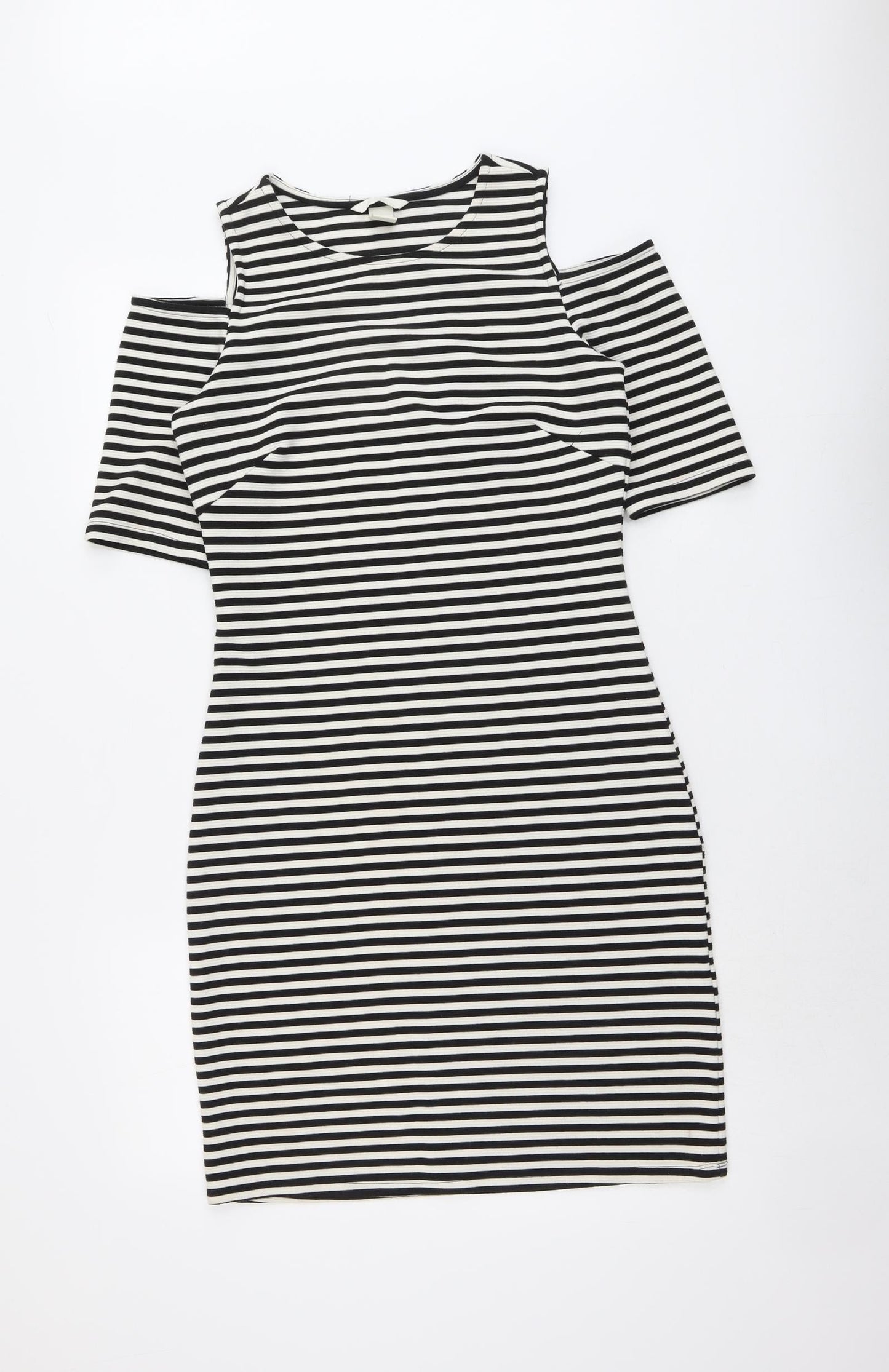 H&M Womens Black Striped Polyester Bodycon Size M Round Neck Pullover - Cold Shoulder