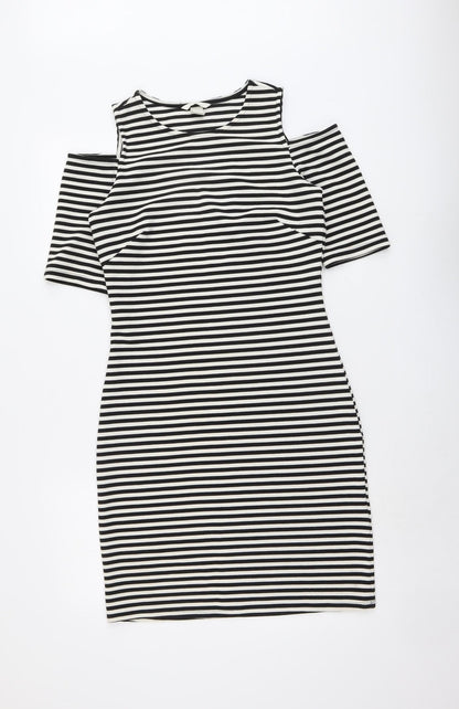 H&M Womens Black Striped Polyester Bodycon Size M Round Neck Pullover - Cold Shoulder