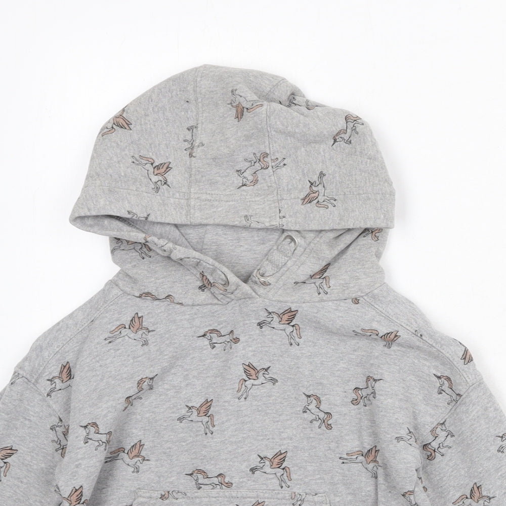 NEXT Girls Grey Geometric Cotton Pullover Hoodie Size 8 Years Pullover - Unicorn Print
