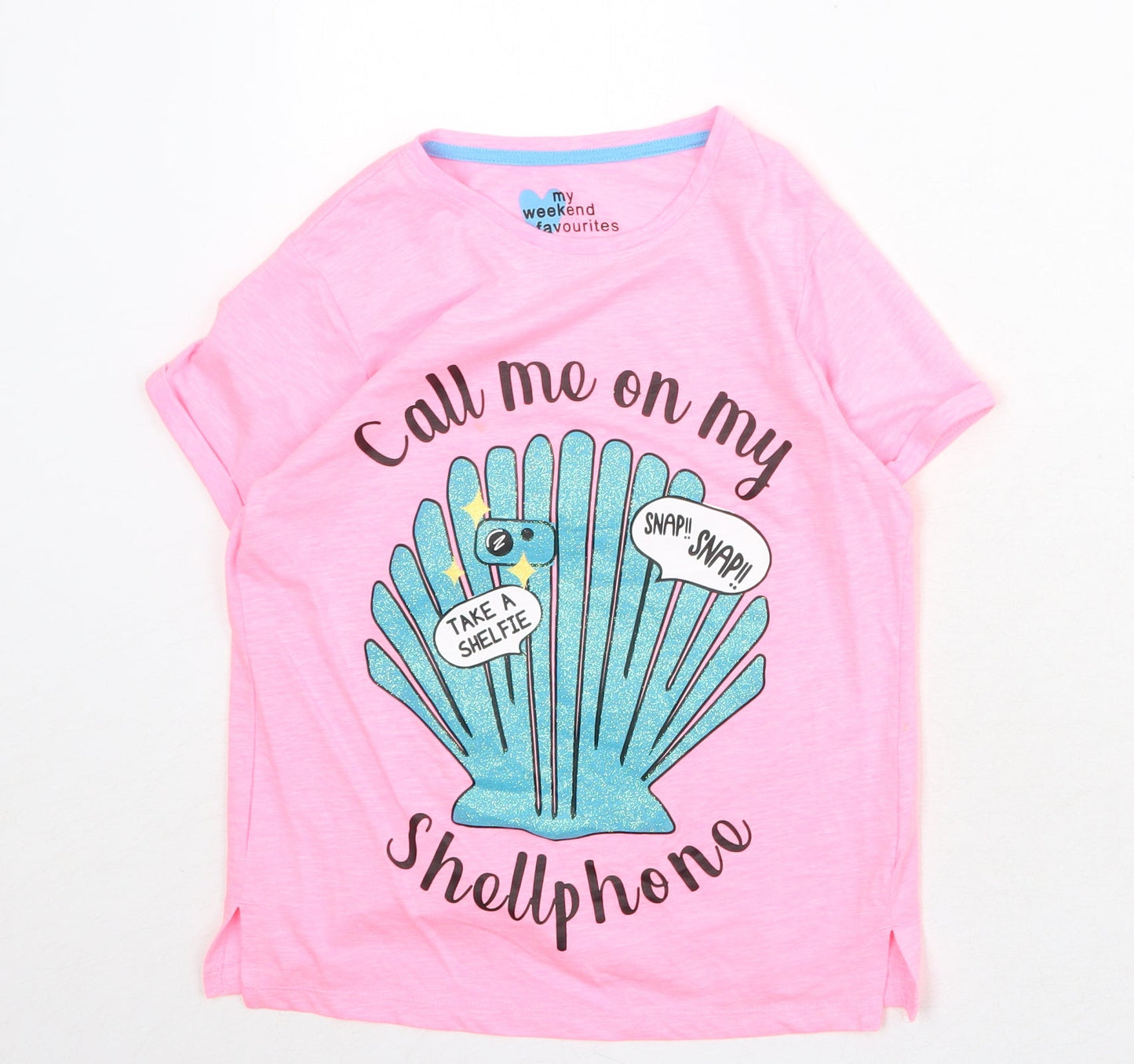 My Weekend Favourites Womens Pink Cotton Basic T-Shirt Size 10 Round Neck - Call Me On My Shellphone