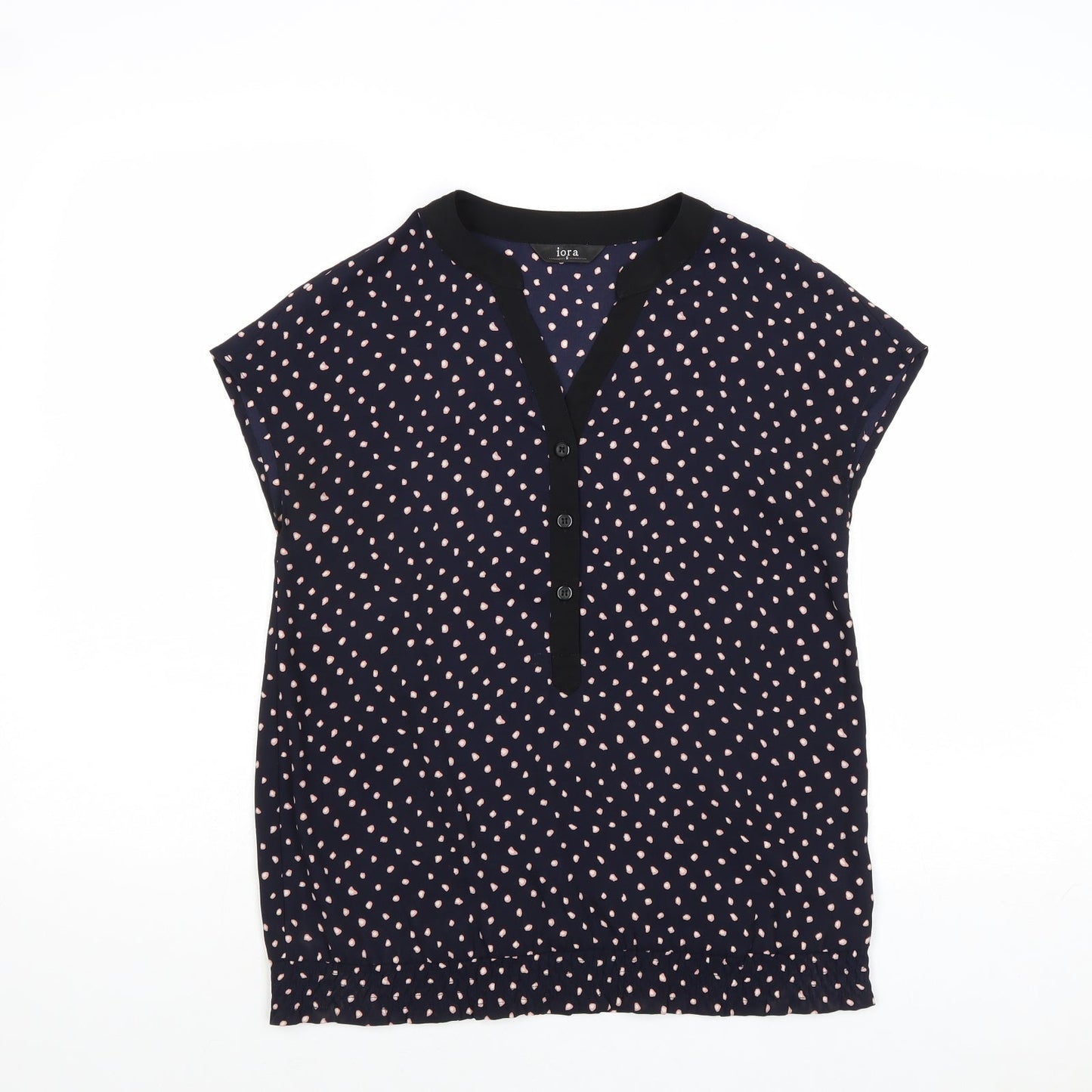 Iora Womens Blue Polka Dot Polyester Basic Blouse Size S V-Neck