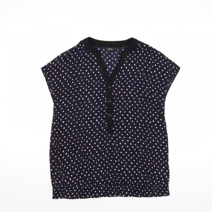 Iora Womens Blue Polka Dot Polyester Basic Blouse Size S V-Neck