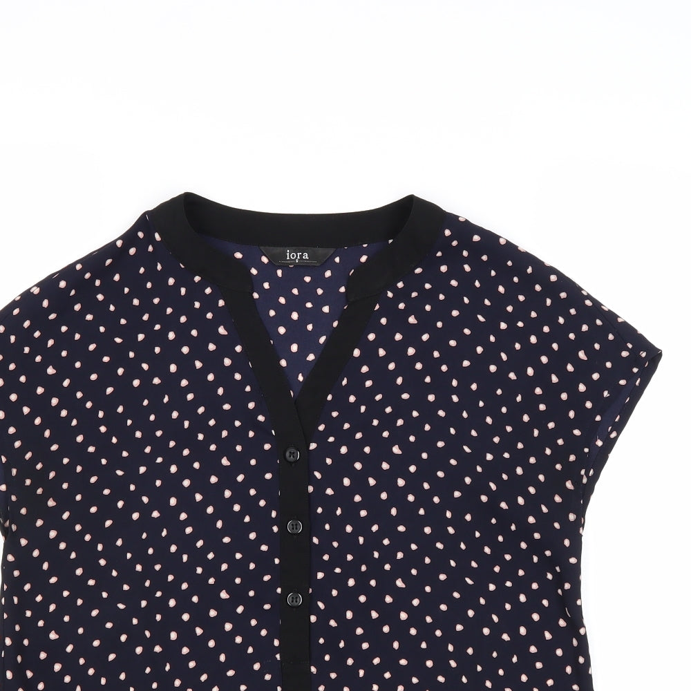 Iora Womens Blue Polka Dot Polyester Basic Blouse Size S V-Neck
