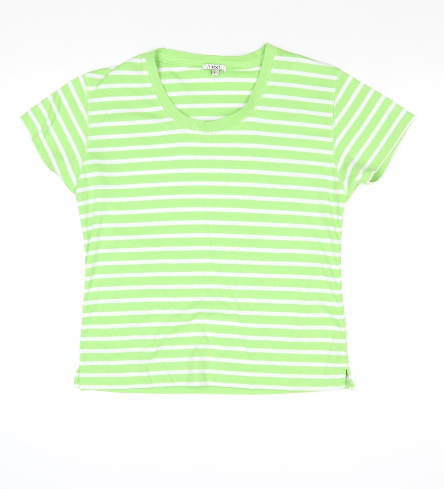 //text.. Womens Green Striped Polyester Basic T-Shirt Size L Round Neck