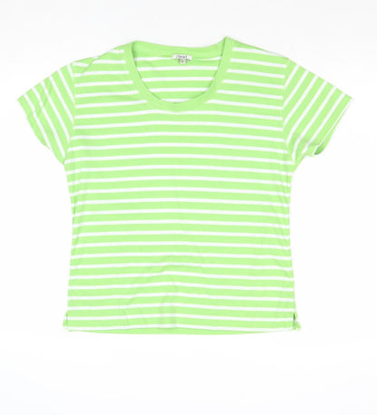 //text.. Womens Green Striped Polyester Basic T-Shirt Size L Round Neck