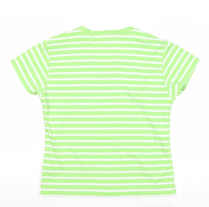 //text.. Womens Green Striped Polyester Basic T-Shirt Size L Round Neck