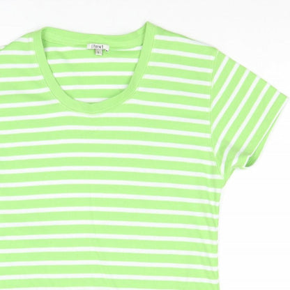 //text.. Womens Green Striped Polyester Basic T-Shirt Size L Round Neck