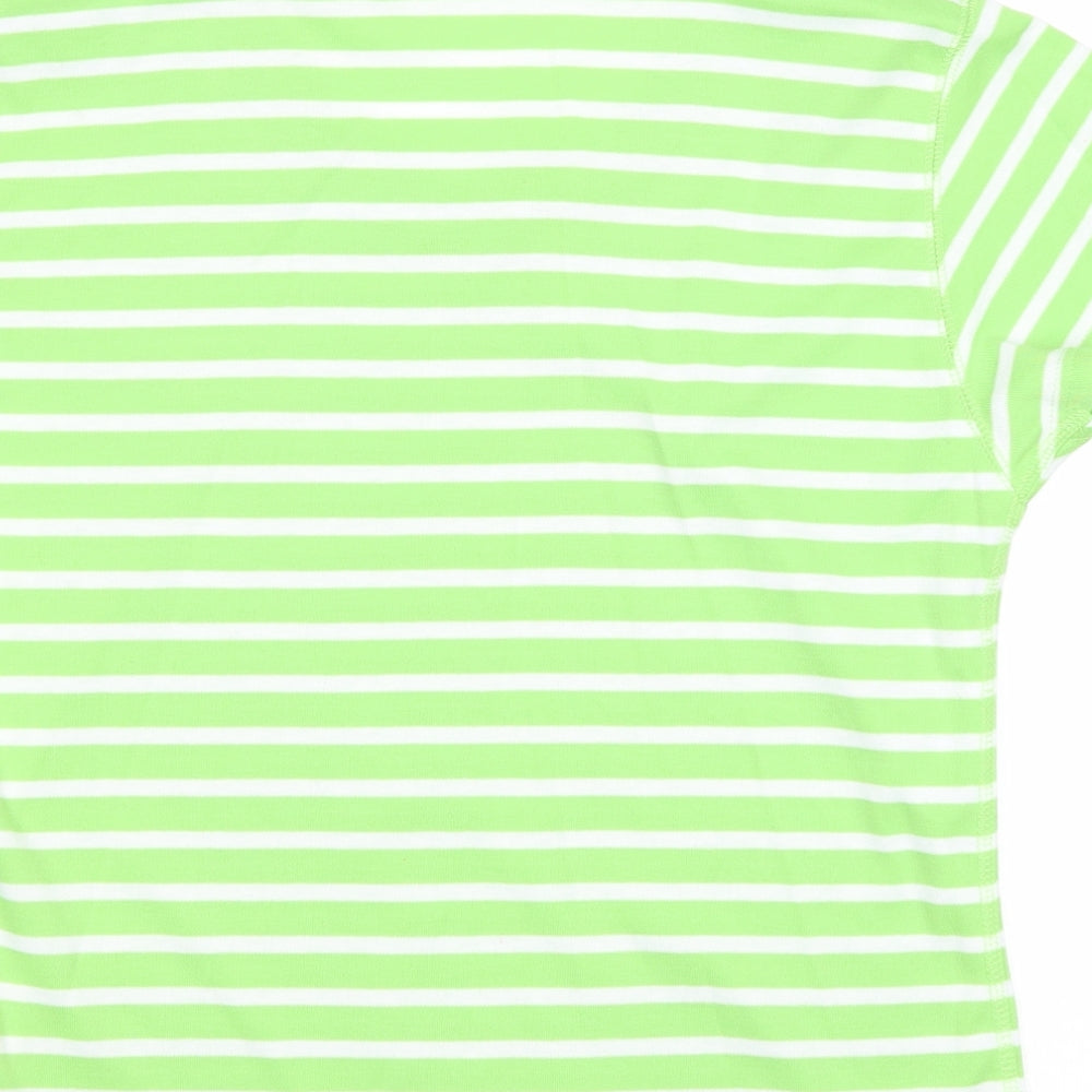 //text.. Womens Green Striped Polyester Basic T-Shirt Size L Round Neck