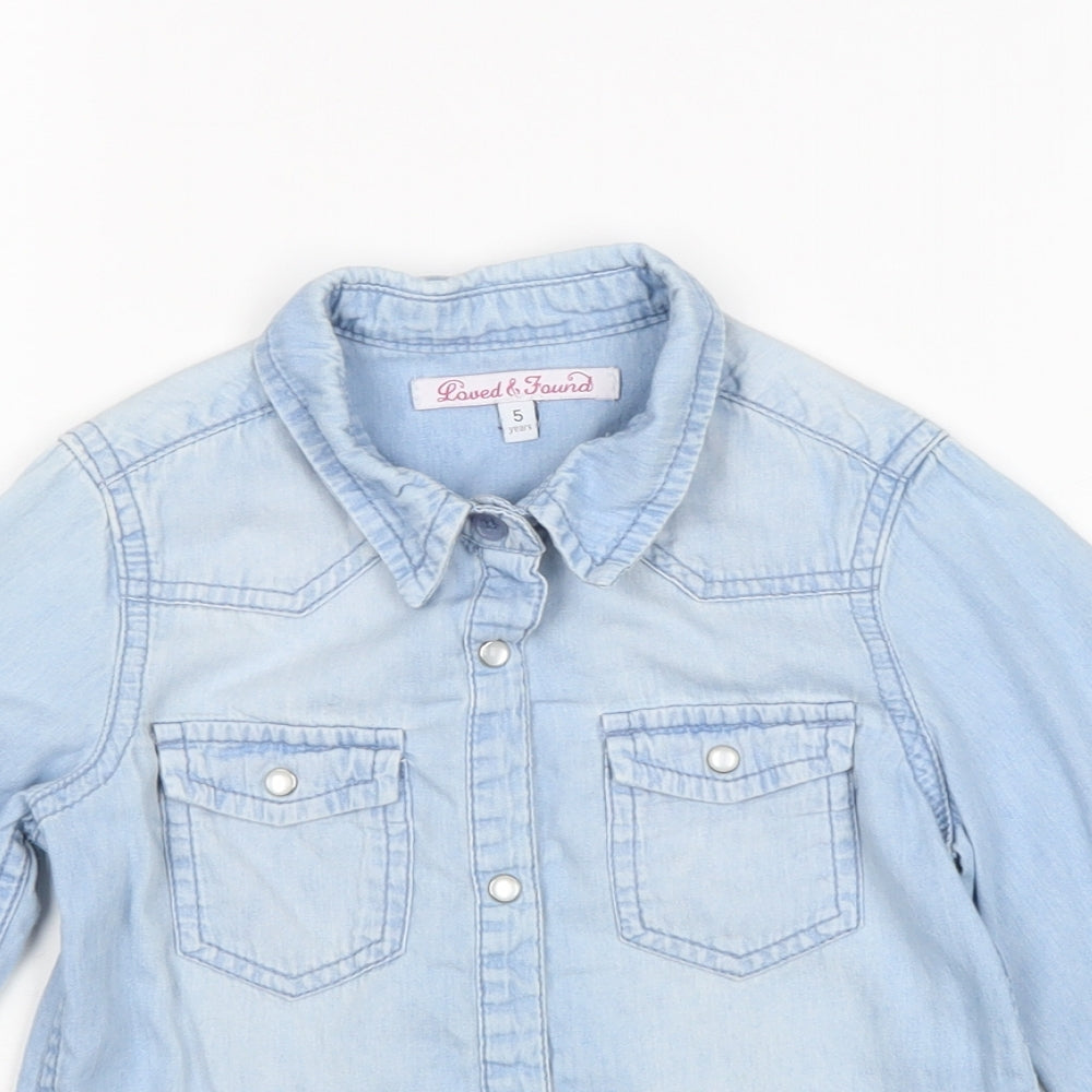 Loved & Found Girls Blue Cotton Basic Button-Up Size 5 Years Collared Snap