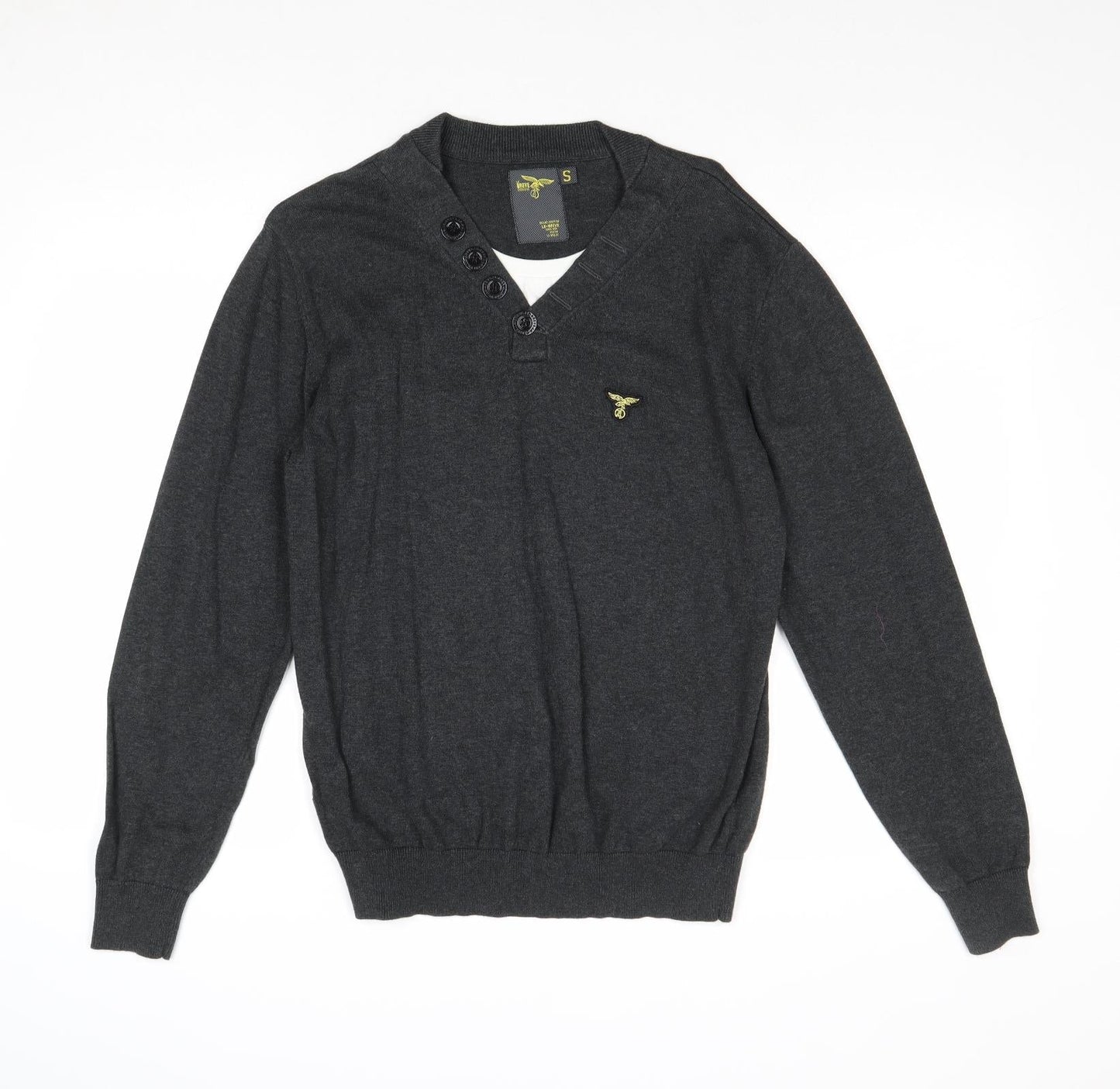 Le Breve Mens Grey V-Neck Cotton Pullover Jumper Size S Long Sleeve