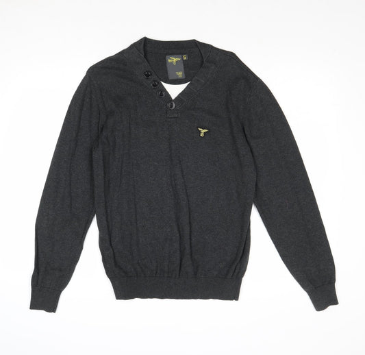 Le Breve Mens Grey V-Neck Cotton Pullover Jumper Size S Long Sleeve