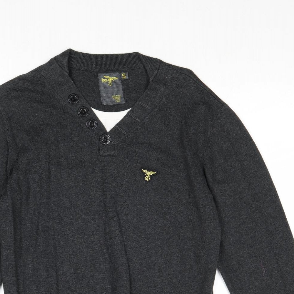 Le Breve Mens Grey V-Neck Cotton Pullover Jumper Size S Long Sleeve