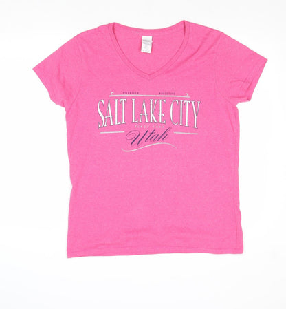 Gildan Womens Pink Cotton Basic T-Shirt Size L V-Neck - Salt Lake City
