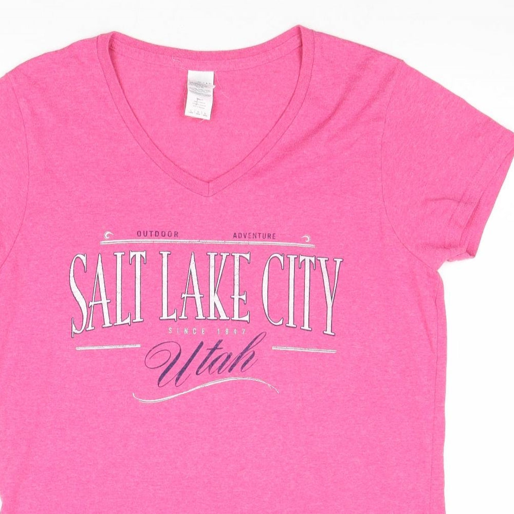 Gildan Womens Pink Cotton Basic T-Shirt Size L V-Neck - Salt Lake City