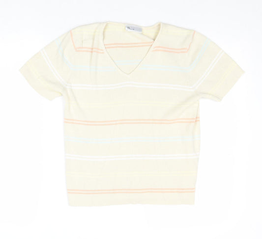BHS Womens Beige V-Neck Striped Cotton Pullover Jumper Size 14