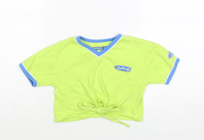 Reebok Girls Green Cotton Cropped T-Shirt Size 3-4 Years V-Neck Pullover