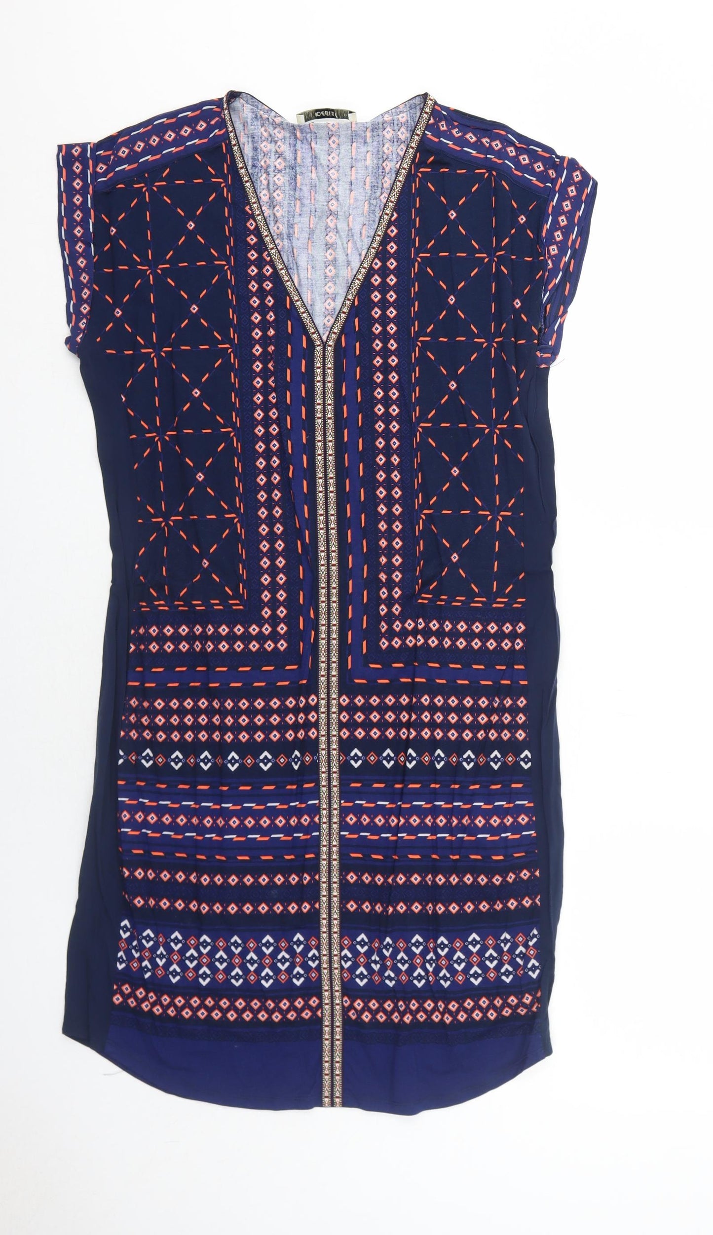 Oasis Womens Blue Geometric Viscose Shift Size M V-Neck Pullover