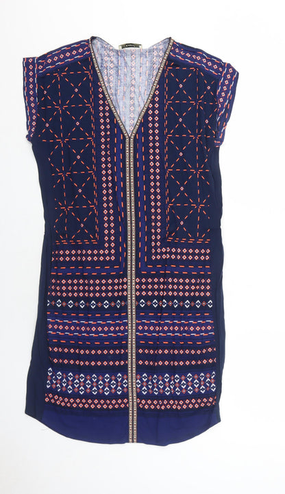 Oasis Womens Blue Geometric Viscose Shift Size M V-Neck Pullover