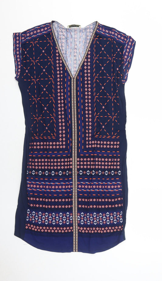 Oasis Womens Blue Geometric Viscose Shift Size M V-Neck Pullover