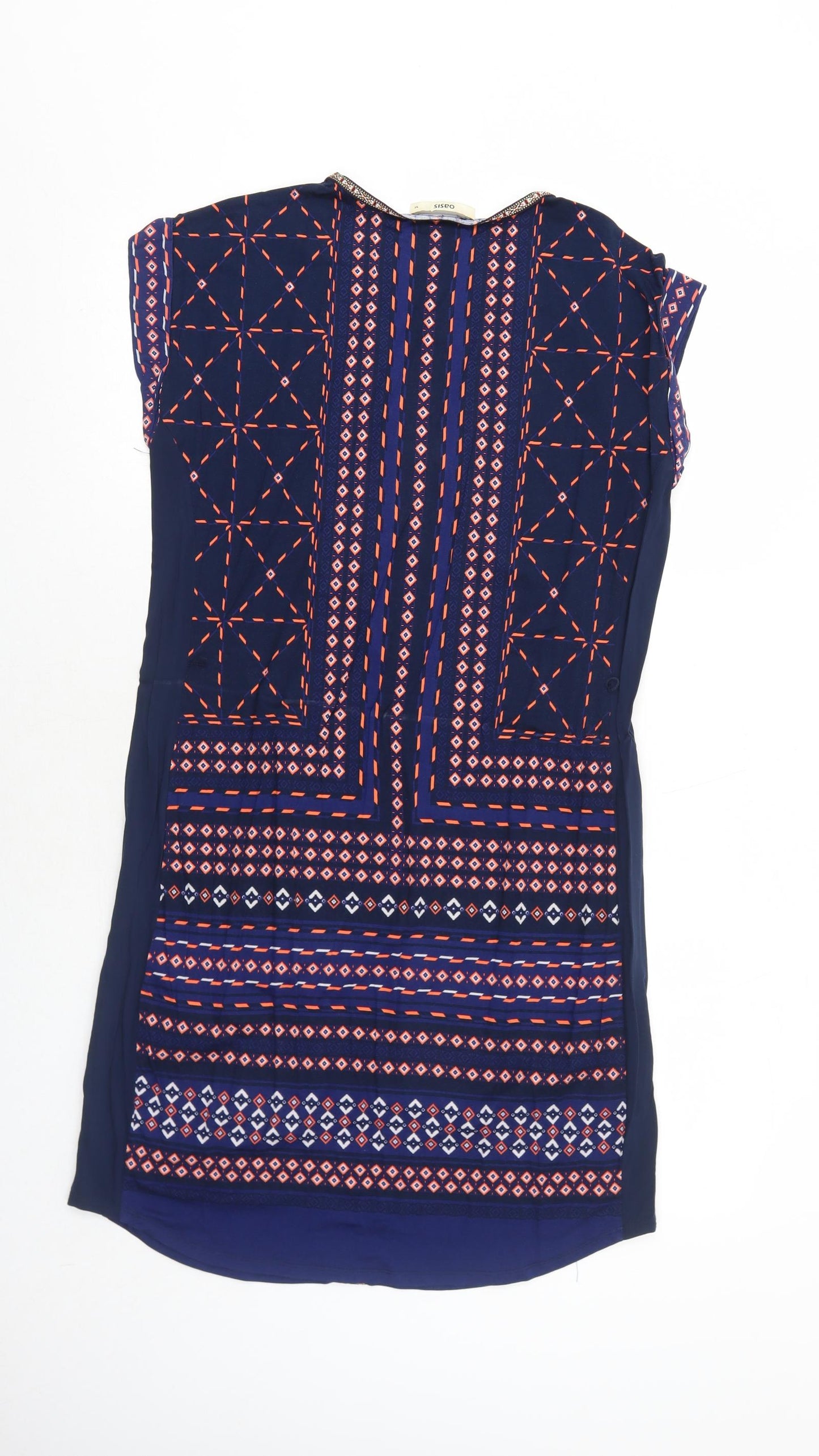 Oasis Womens Blue Geometric Viscose Shift Size M V-Neck Pullover