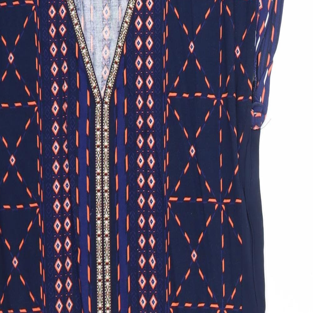 Oasis Womens Blue Geometric Viscose Shift Size M V-Neck Pullover