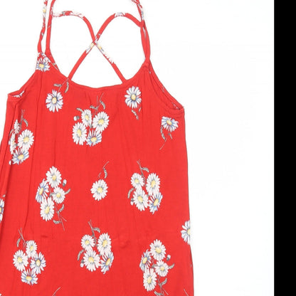 H&M Womens Red Floral Viscose Mini Size 6 Scoop Neck Pullover
