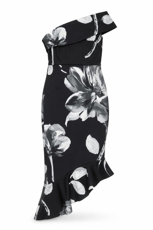 ASOS Womens Black Floral Polyester Bodycon Size 4 One Shoulder Zip