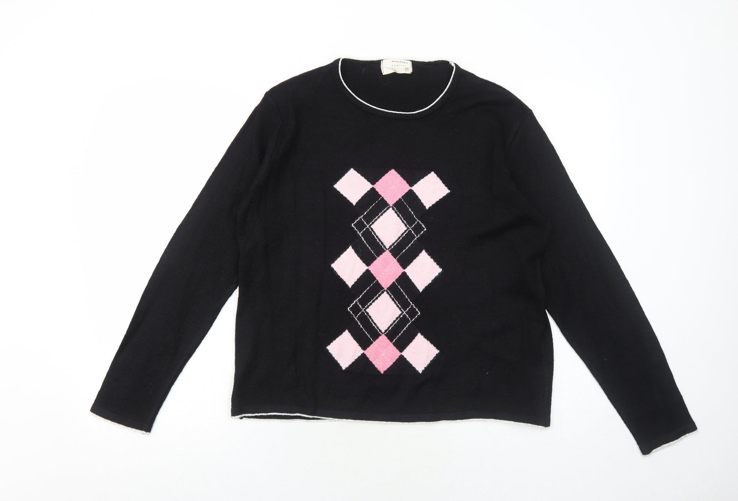 Merien Hall Womens Black Round Neck Argyle/Diamond Acrylic Pullover Jumper Size L