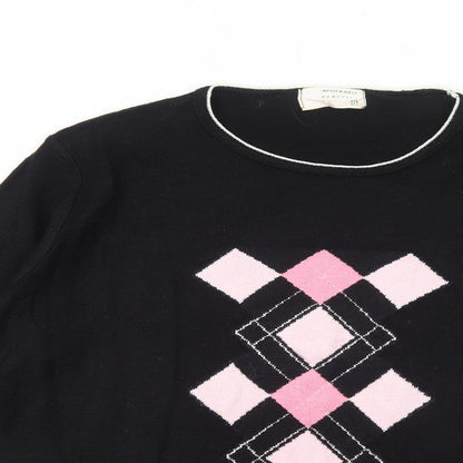Merien Hall Womens Black Round Neck Argyle/Diamond Acrylic Pullover Jumper Size L