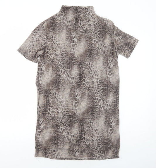 Select Womens Brown Animal Print Polyester A-Line Size 8 High Neck Pullover - Leopard Pattern