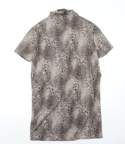 Select Womens Brown Animal Print Polyester A-Line Size 8 High Neck Pullover - Leopard Pattern