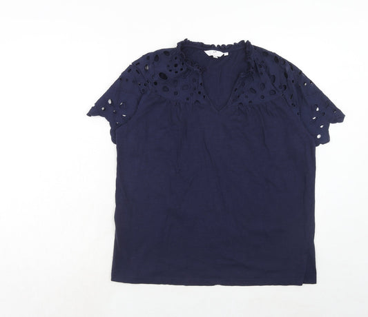 Julipa Womens Blue Cotton Basic Blouse Size 12 V-Neck - Broderie Anglaise