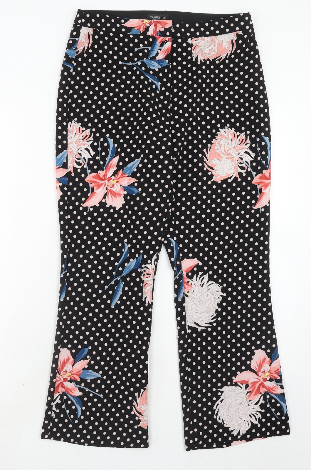 Topshop Womens Black Floral Polyester Trousers Size 10 Regular Hook & Eye