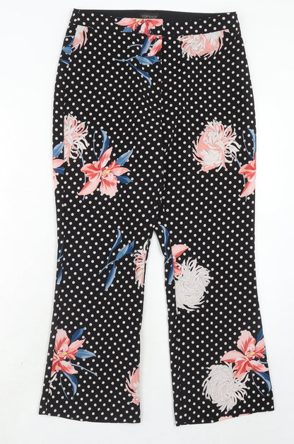 Topshop Womens Black Floral Polyester Trousers Size 10 Regular Hook & Eye