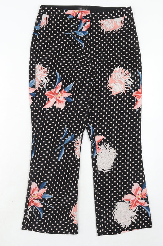 Topshop Womens Black Floral Polyester Trousers Size 10 Regular Hook & Eye