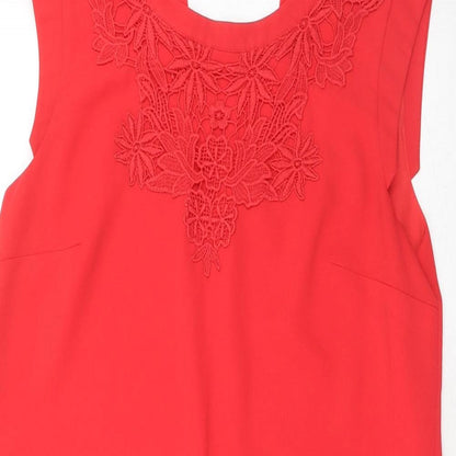 Oasis Womens Red Polyester Shift Size 12 Boat Neck Button - Crocheted Lace Detail