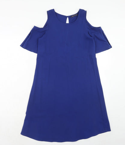 New Look Womens Blue Polyester A-Line Size 8 Round Neck Button - Cold Shoulder