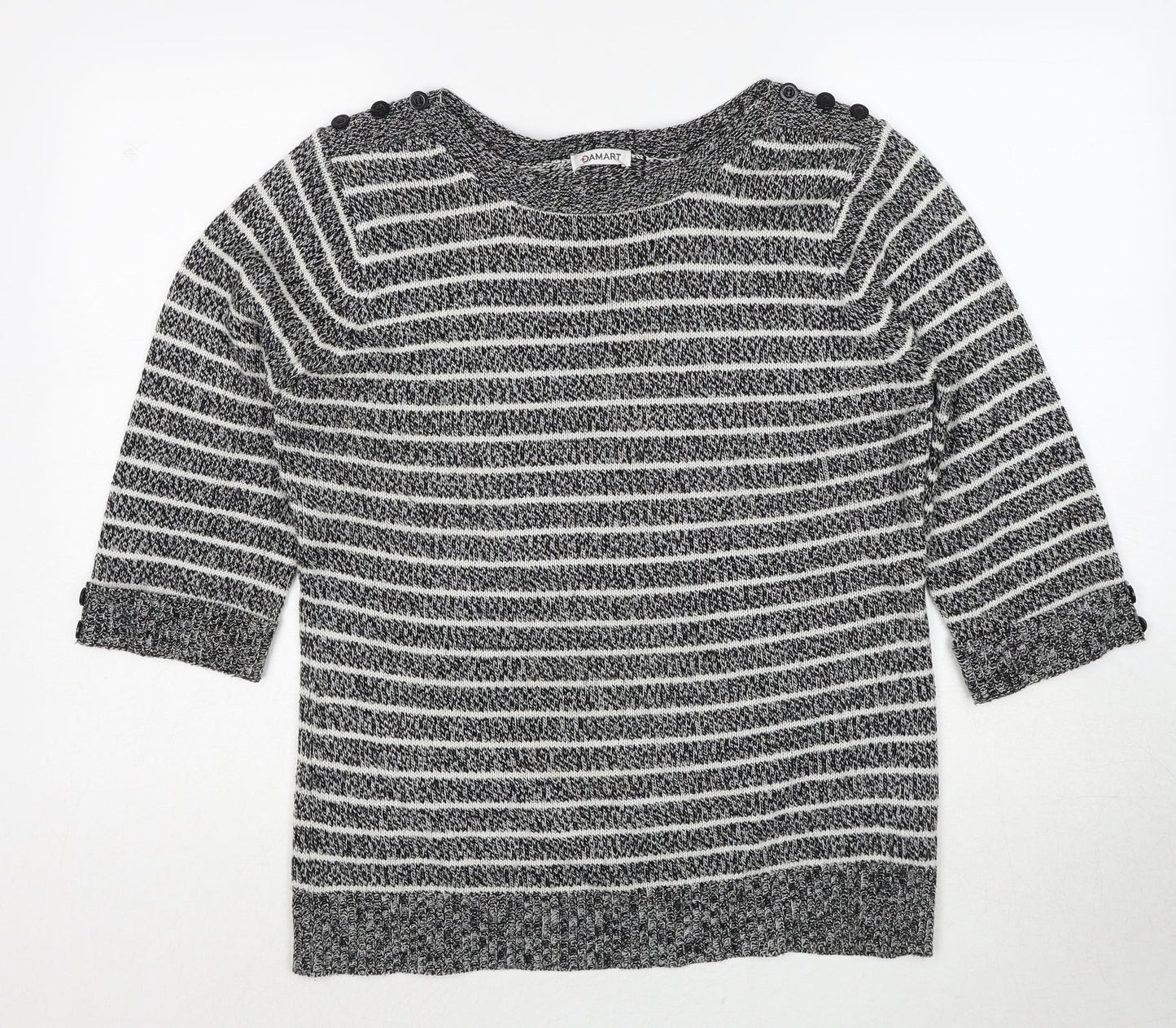 Damart Womens Black Round Neck Striped Acrylic Pullover Jumper Size 14