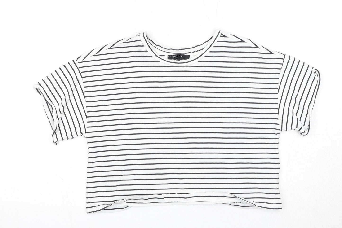 FOREVER 21 Womens White Striped Cotton Basic T-Shirt Size S Round Neck