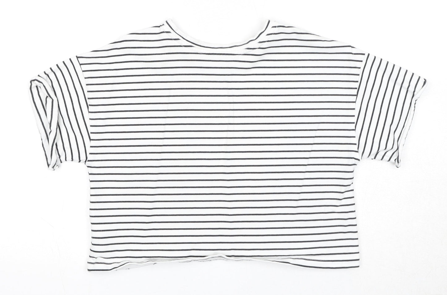 FOREVER 21 Womens White Striped Cotton Basic T-Shirt Size S Round Neck