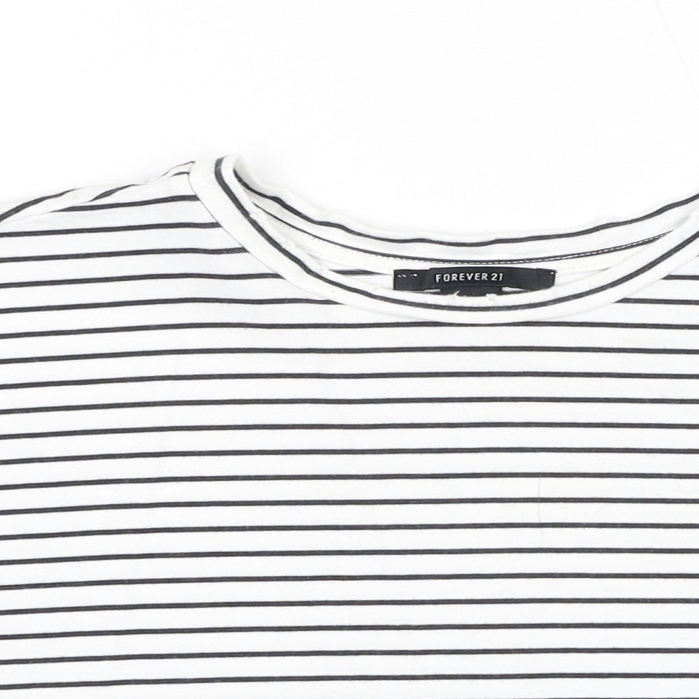 FOREVER 21 Womens White Striped Cotton Basic T-Shirt Size S Round Neck