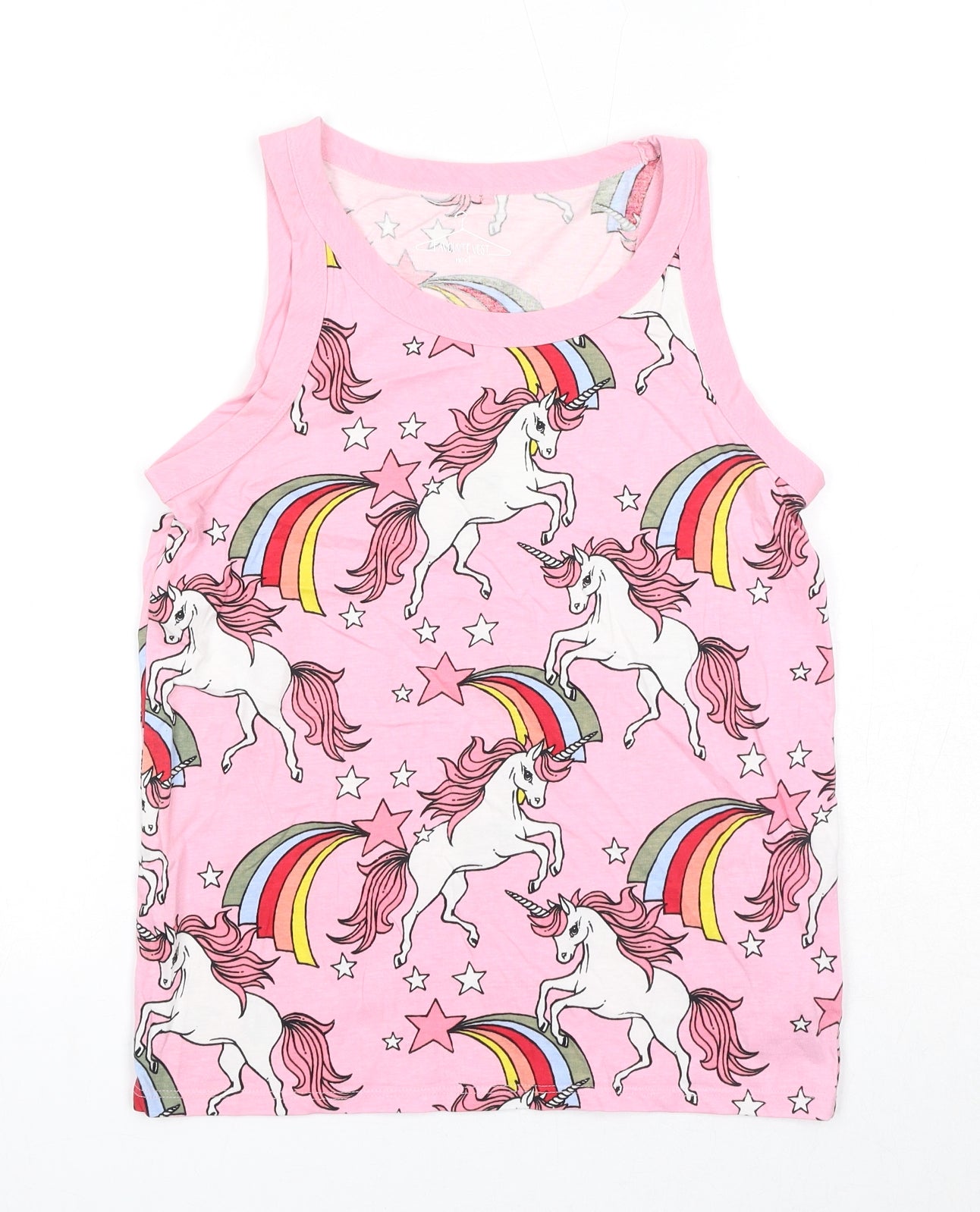 NEXT Girls Pink Geometric Cotton Pullover Tank Size 12 Years Boat Neck Pullover - Unicorn Print