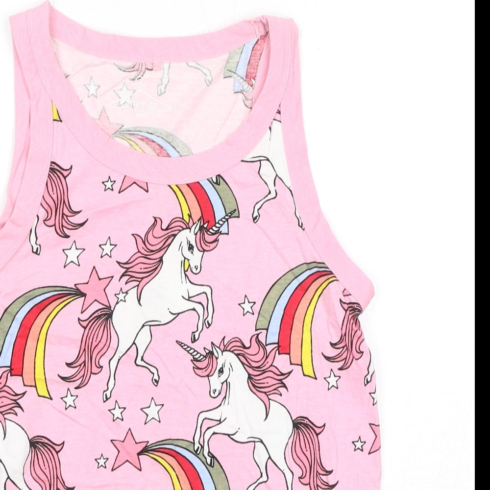 NEXT Girls Pink Geometric Cotton Pullover Tank Size 12 Years Boat Neck Pullover - Unicorn Print