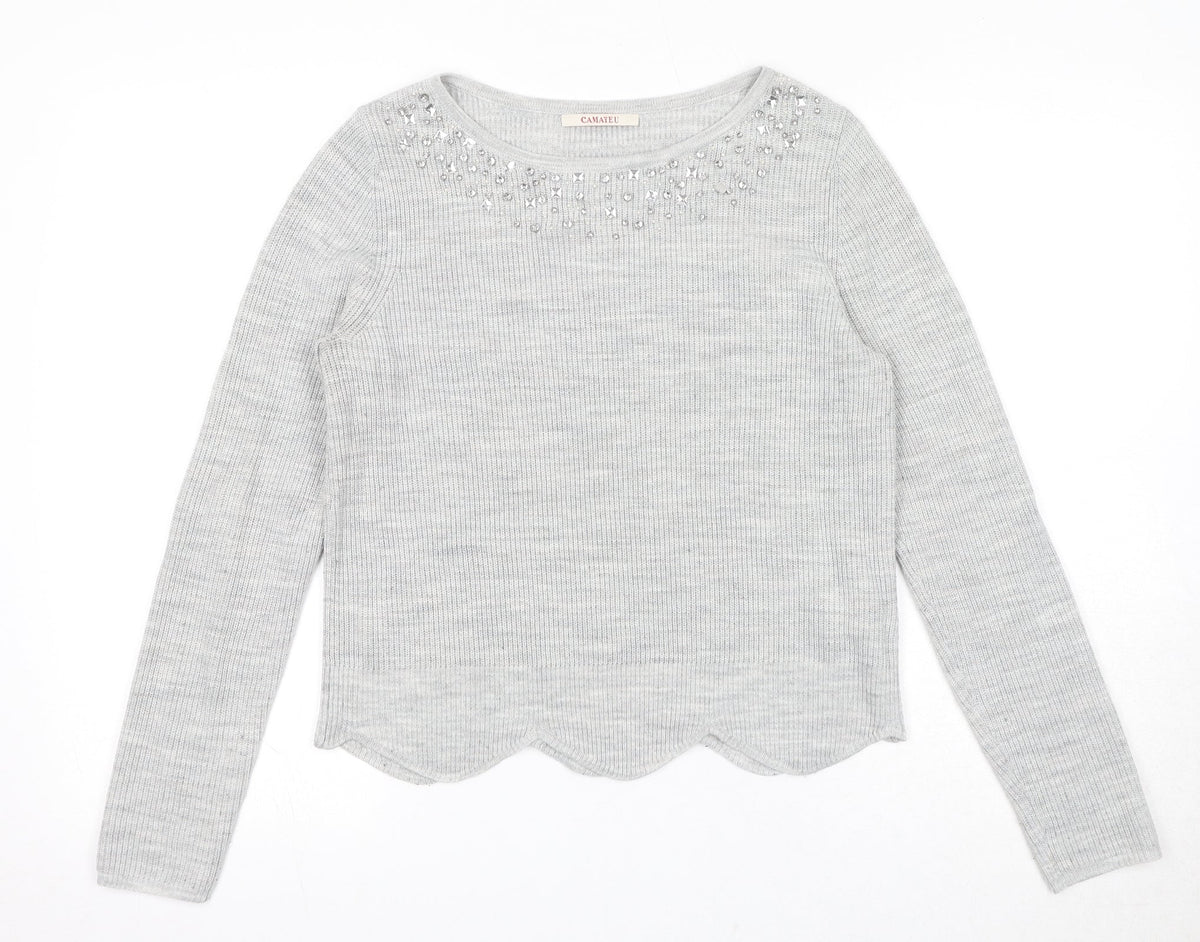 Additional front view of Camaieu women’s grey round neck acrylic jumper, size S